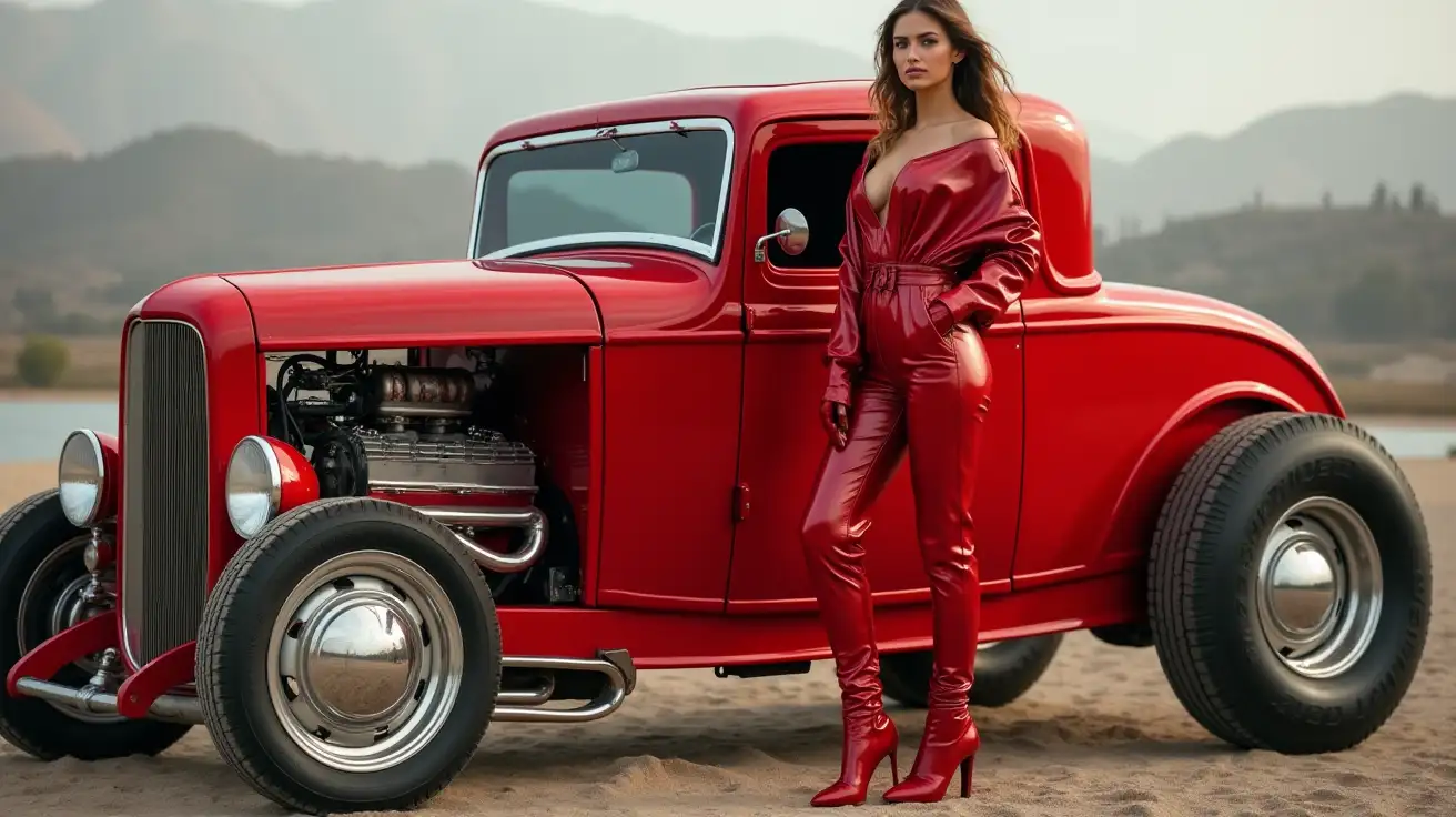 Woman-in-Shiny-Red-PVC-Jumpsuit-Next-to-a-Classic-Ford-32-Hot-Rod