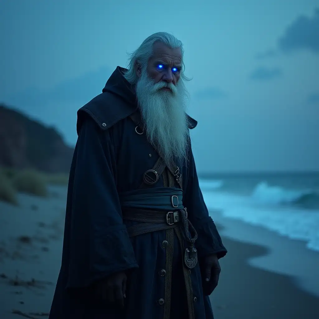 Ghostly-Ship-Captain-with-Glowing-Blue-Eyes-Standing-on-Private-Beach