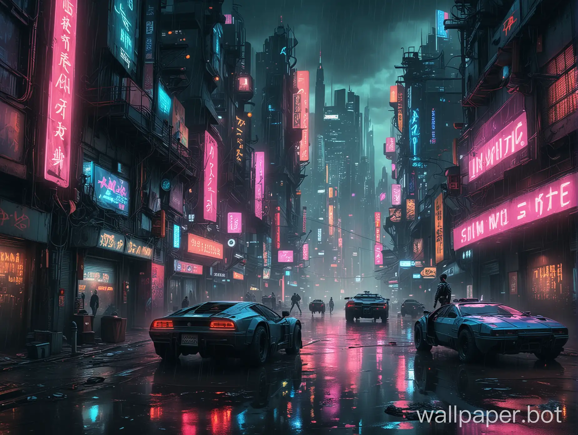 Create a captivating 4K cyberpunk-themed wallpaper featuring a neon-drenched cityscape at night. The scene should include towering skyscrapers with glowing billboards, bustling streets illuminated by vibrant neon signs, and futuristic vehicles flying through the air. Incorporate elements such as holograms, rain-soaked streets reflecting colorful lights, and a mix of dark and electric blue tones to evoke a sense of high-tech, dystopian intrigue. The overall atmosphere should be gritty yet visually striking, embodying the essence of a cyberpunk metropolis