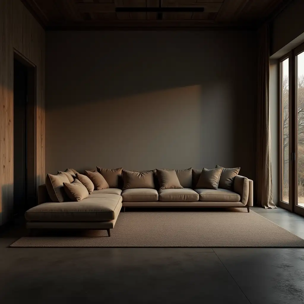 a view of a sofa against the far wall of a large dimly lit family living room