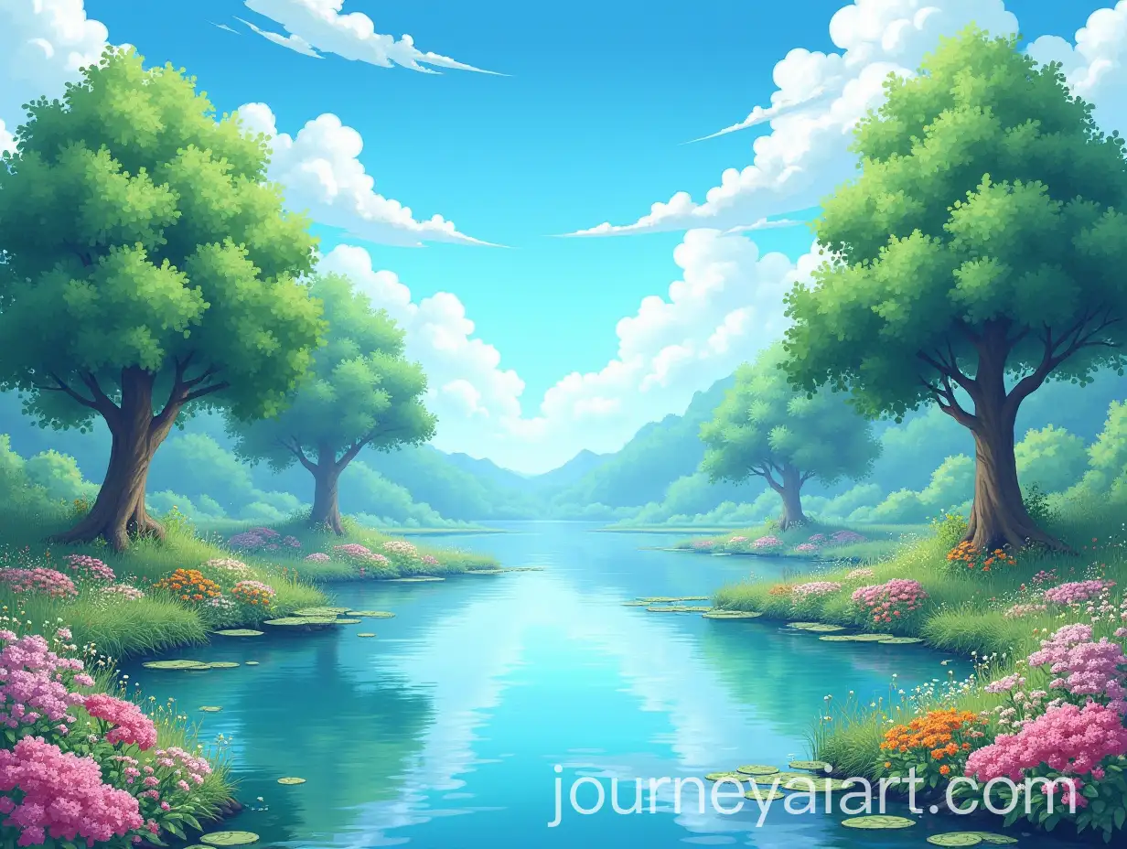 Serene-Anime-Landscape-Featuring-Lush-Trees-Vibrant-Flowers-and-Tranquil-Water