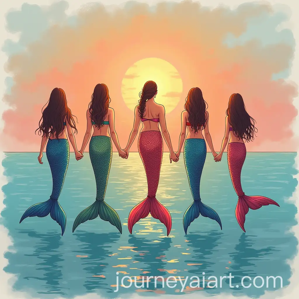 Five-Mermaids-in-a-Circle-at-Sunset-on-the-Sea