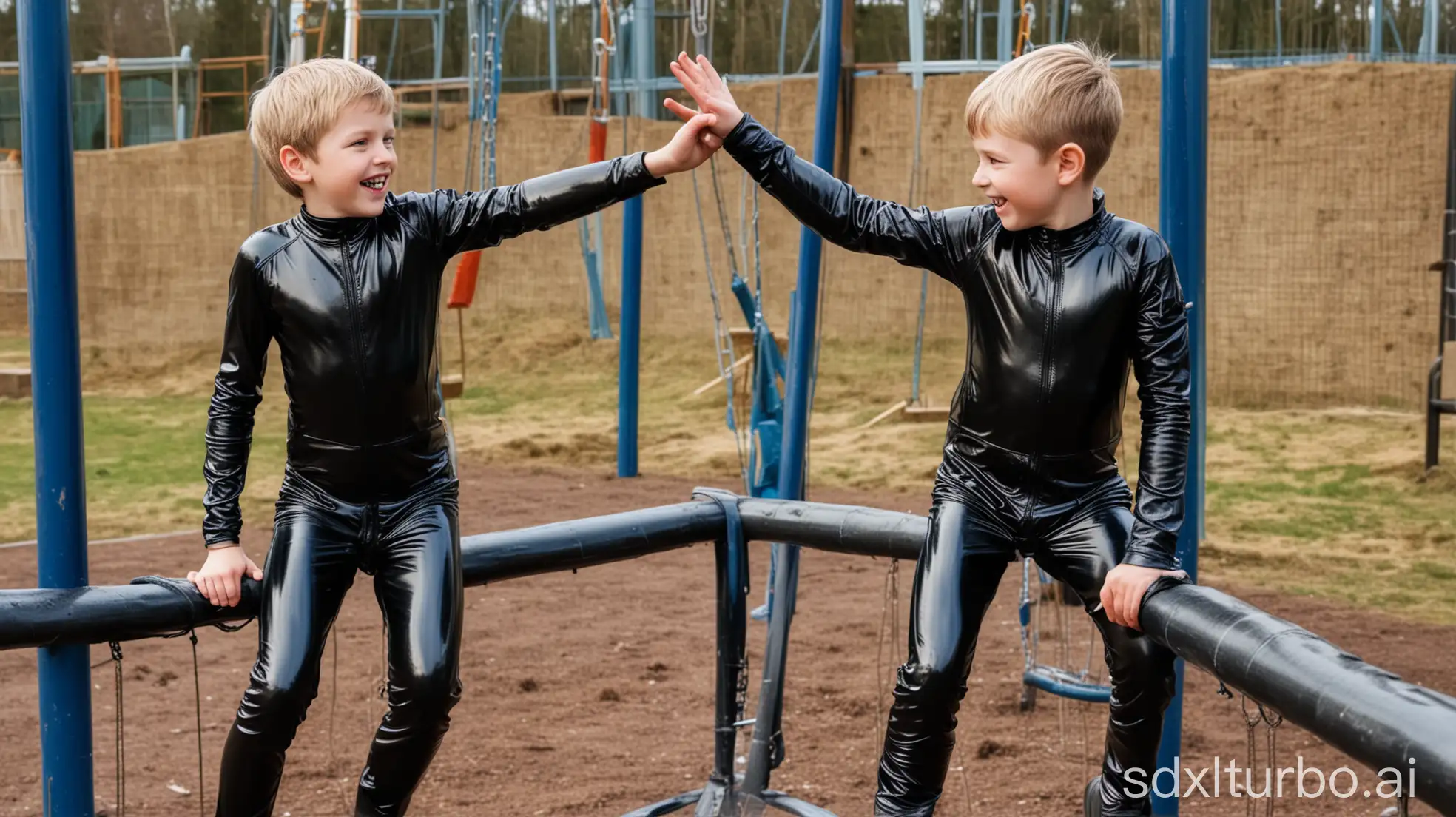 Two-10YearOld-Boys-in-Rubber-Skinsuits-Climbing-Playground-Structure