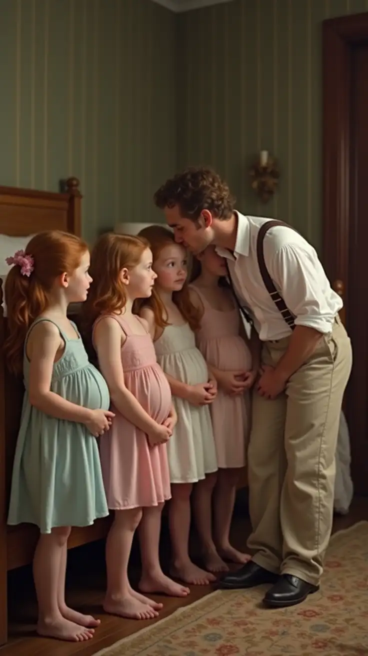 several petite young girls standing in a Victorian nursery waiting next to their beds for a kiss goodnight. each girl has long copper hair and is wearing a short sheer satin nightgown with a low neckline covering a pregnant belly. each girl is holding an infant. a man wearing wool pants, a white shirt and suspenders is kissing one girl on the forehead.