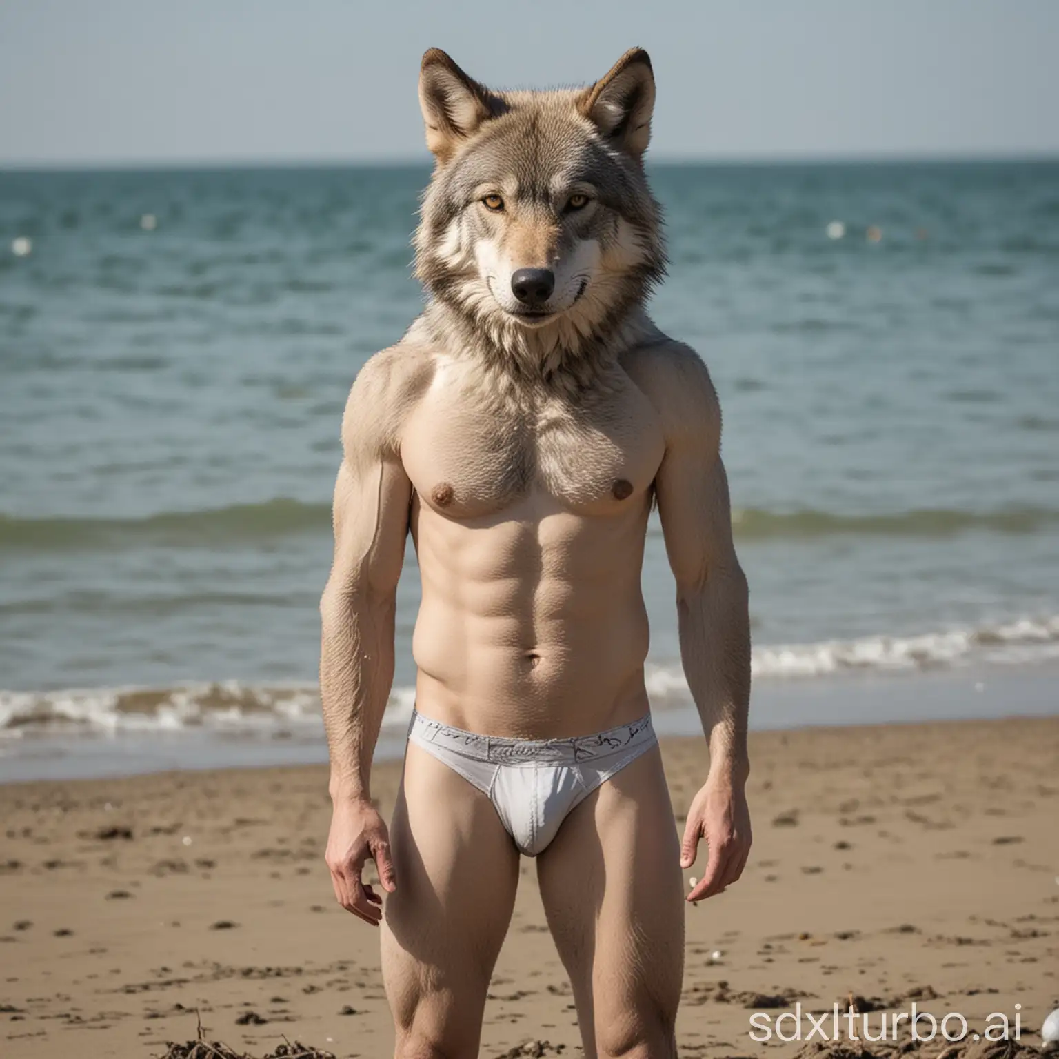 Anthropomorphic-Gray-Wolf-Wearing-Underpants-at-Beach