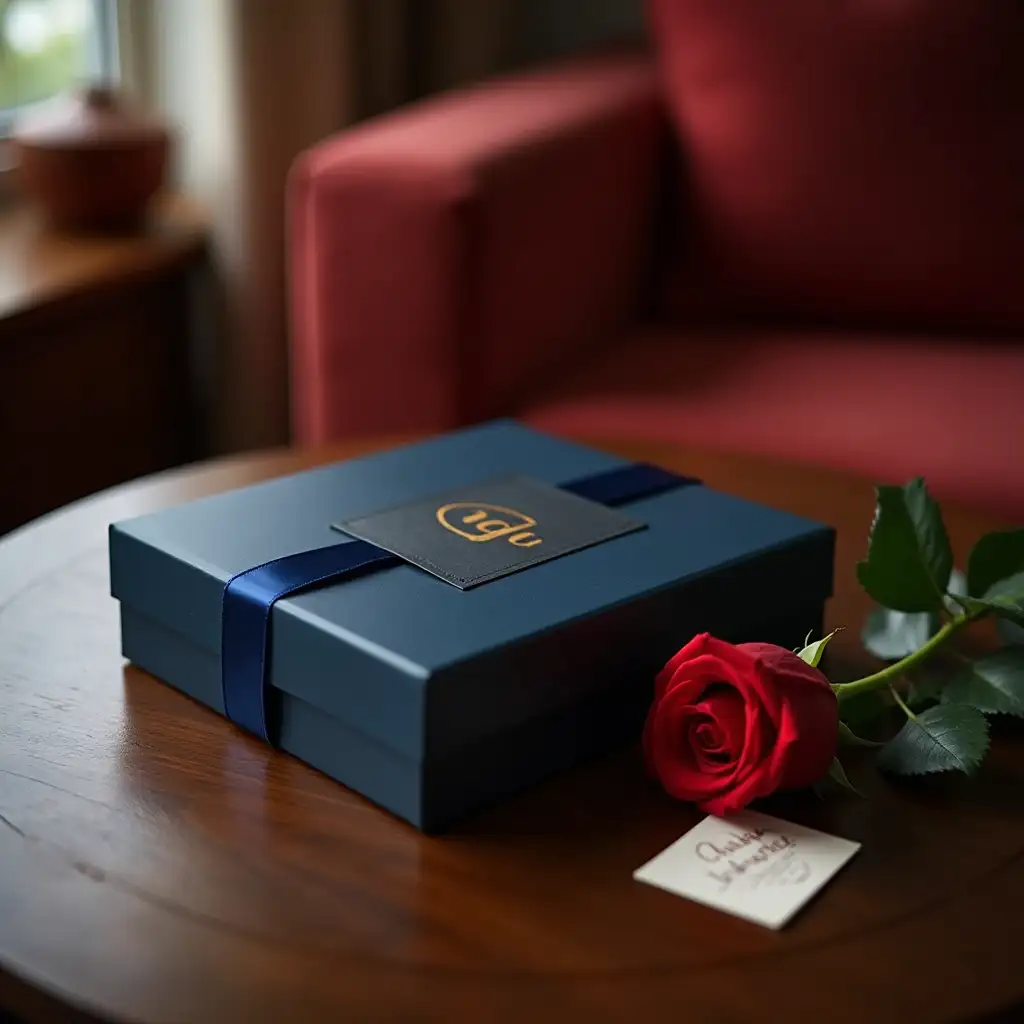 A dark blue of gourmet chocolate gift box left on lush livingroom table, there is a paper tag on the box with brand name 'udu' written in golden bold font. A red rose rests next to the box with a gift card. Christmas vibes decoration