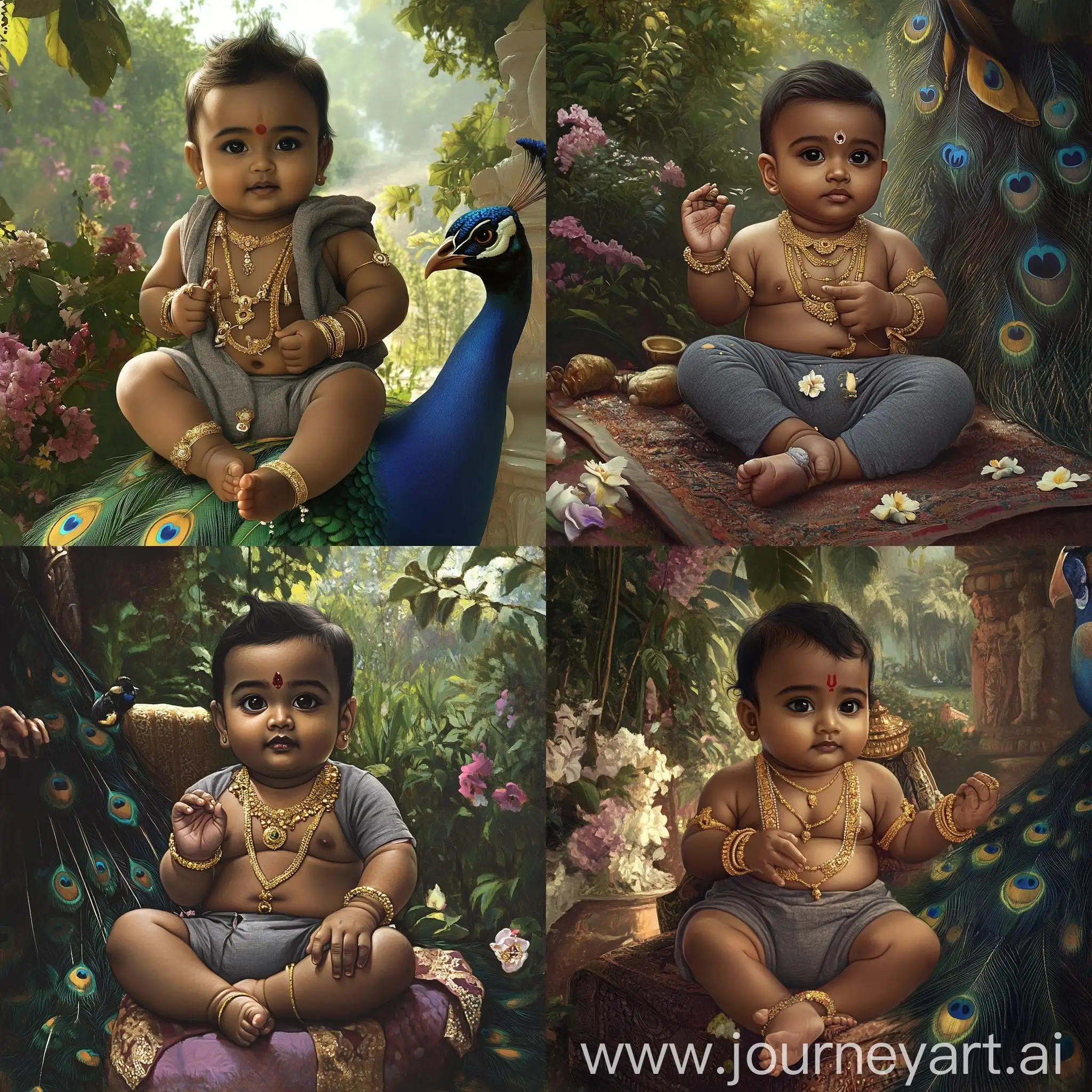 Baby-Murugan-Deity-Seated-on-Peacock-in-Tranquil-Garden