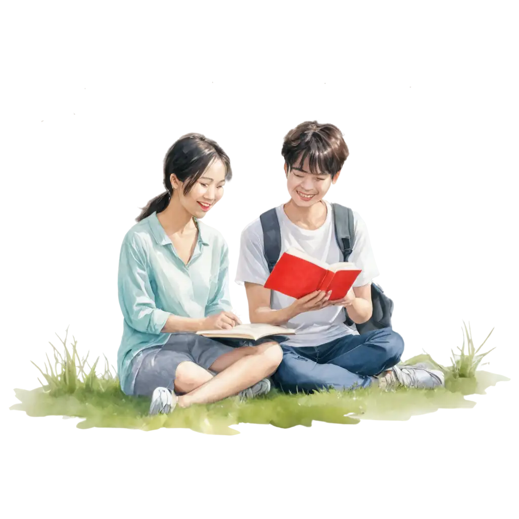 Young-Asian-People-Sitting-on-Grass-Smiling-with-Books-and-Glasses-Watercolor-PNG-Image