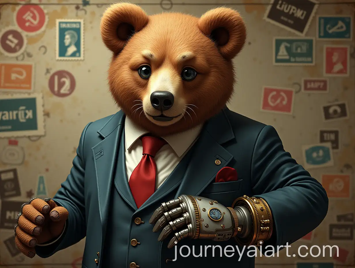 Soviet-Bear-in-a-Suit-with-Steampunk-Prosthetic-Arm-in-Chaotic-Office-Setting