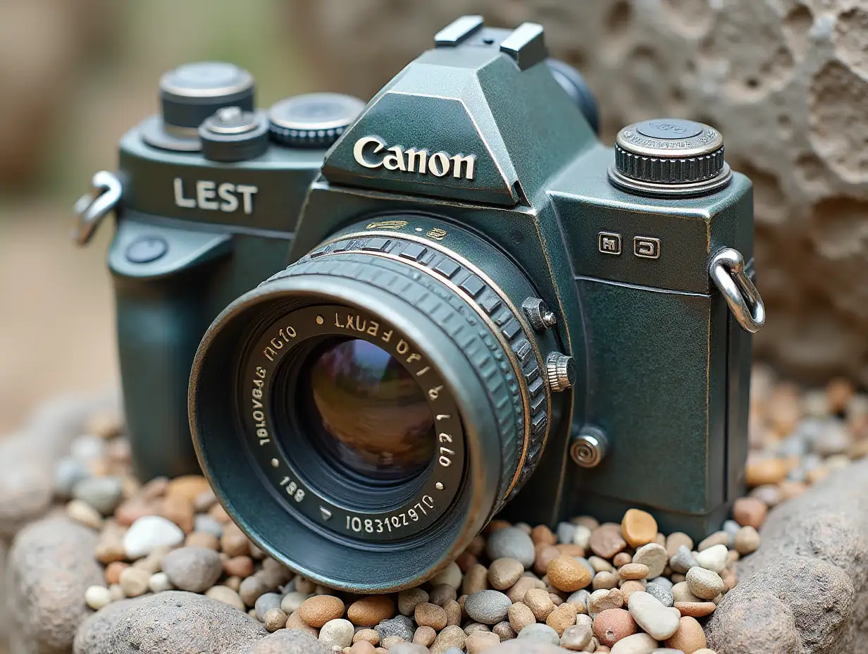 Bronze-Canon-SLR-Camera-Amidst-Stone-and-Gravel-Pit-with-Gypsum-Head-Statue