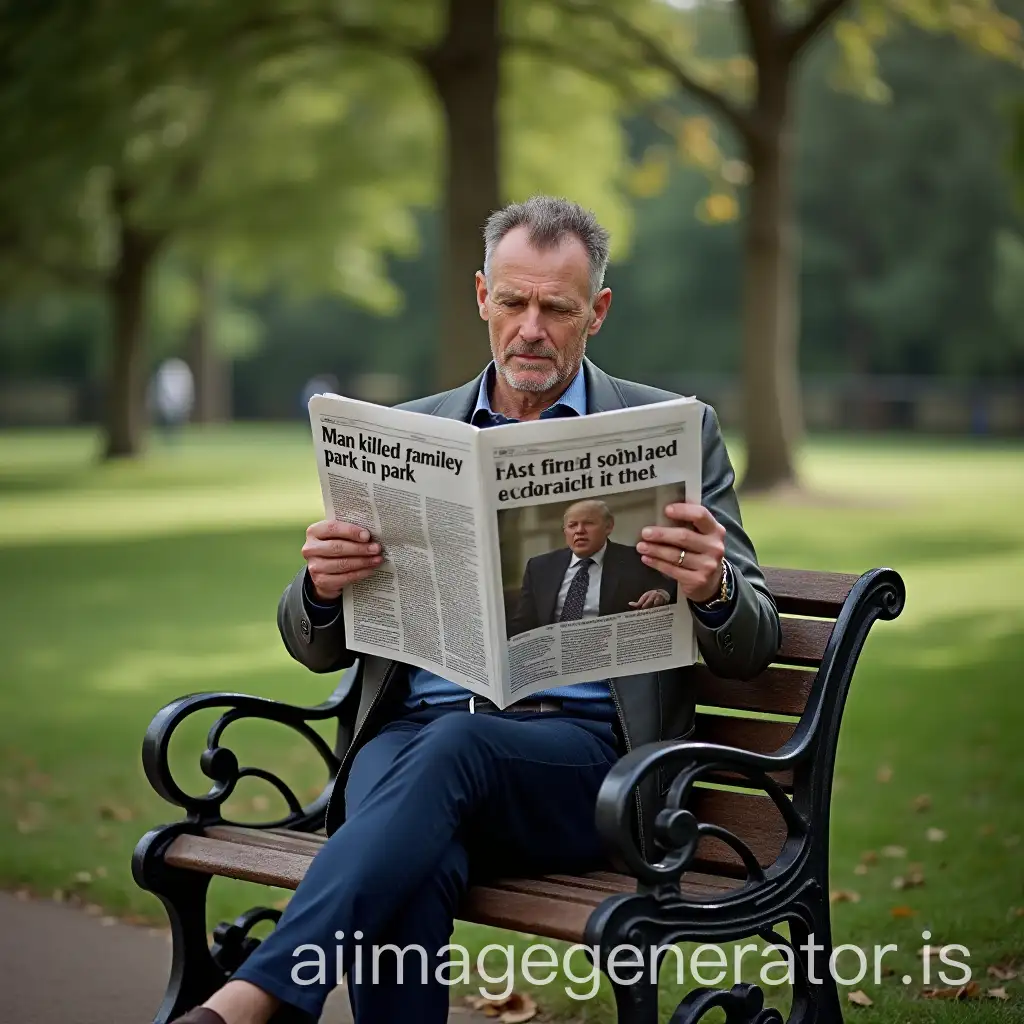 Man-Reading-Newspaper-on-Park-Bench-with-Tragic-Headline