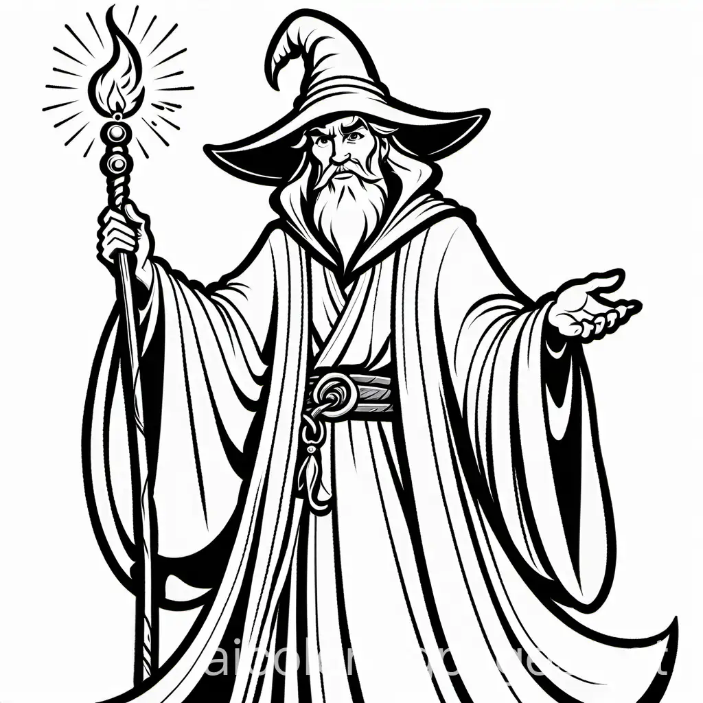 sorcerer, fantasy, MALE, wizard, cartoon, disney, Coloring Page, black and white, line art, white background, Simplicity, Ample White Space