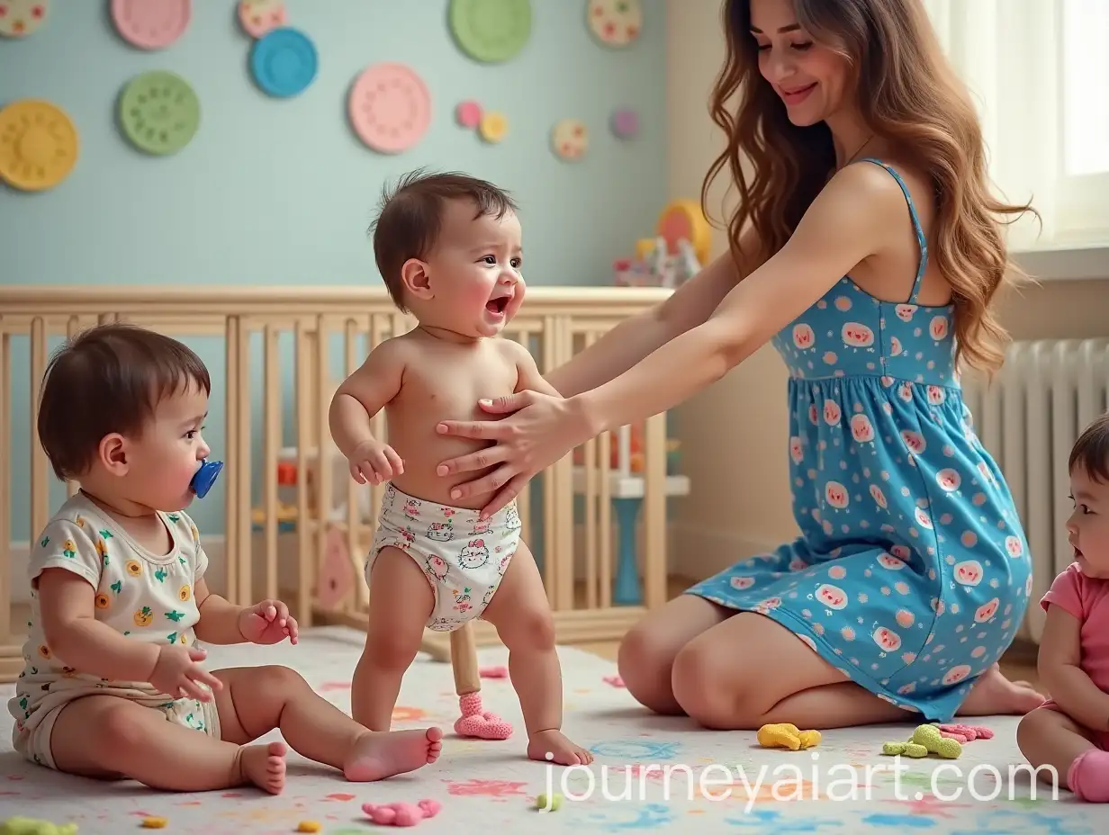 Young-Woman-Placing-Baby-Boy-in-Playpen-with-Crawling-Infants-in-Kindergarten