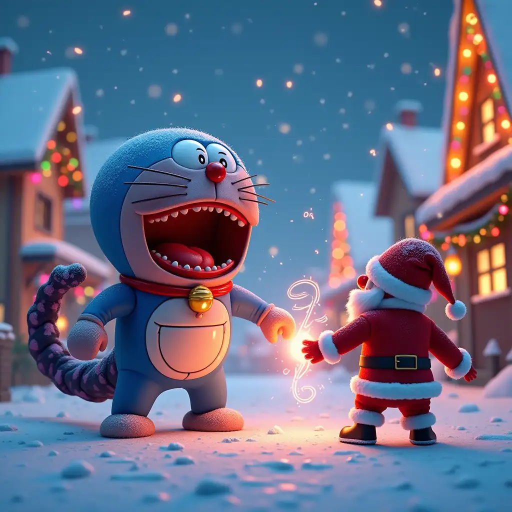 A 3D cartoon-style scene of a zombie monstrous Doraemon with an octopus-like body, glowing red eyes, and a wide shouting expression, standing menacingly on a snowy lane. Santa Claus, in his iconic red suit, is casting a glowing magical spell toward the monster, with swirls of magical energy lighting up the scene. Snowflakes gently fall from the sky, covering the ground and rooftops. The surrounding houses are brightly decorated with colorful Christmas lights and garlands, adding a festive contrast to the tension in the scene. The atmosphere blends magic, humor, and excitement in a vibrant 3D animation style.