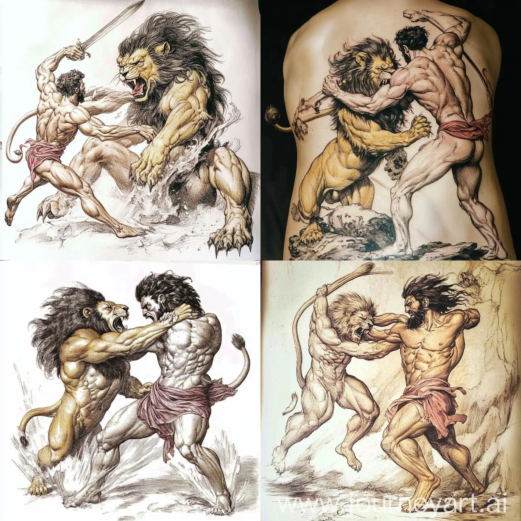 Engraved-Sketch-Tattoo-Lion-Fighting-Hercules-in-Classical-Style