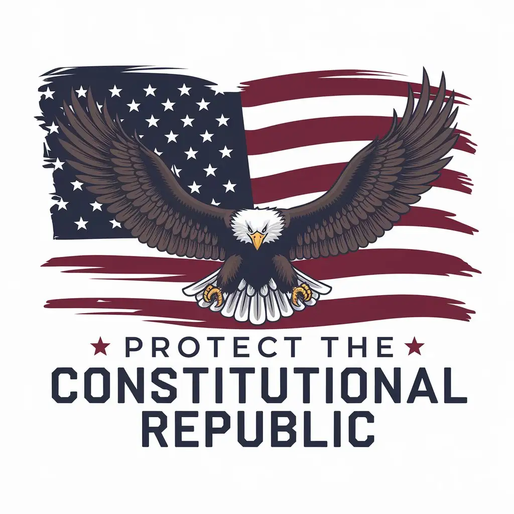 LOGO Design for Constitutional Republic Bold Bald Eagle Symbol with Struck Through Democracy and American Flag Background