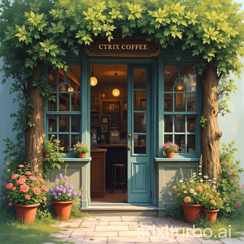 Outdoor-Coffee-Shop-in-Spring-with-Detailed-Trees-and-Flowers