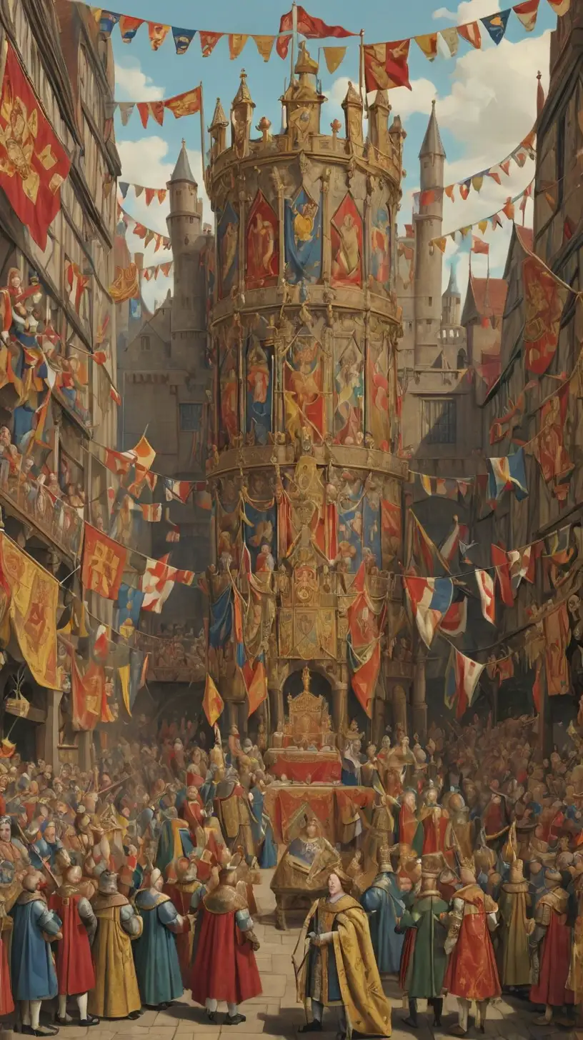 Henry VIIs Colorful Coronation Scene with Tudor Symbols