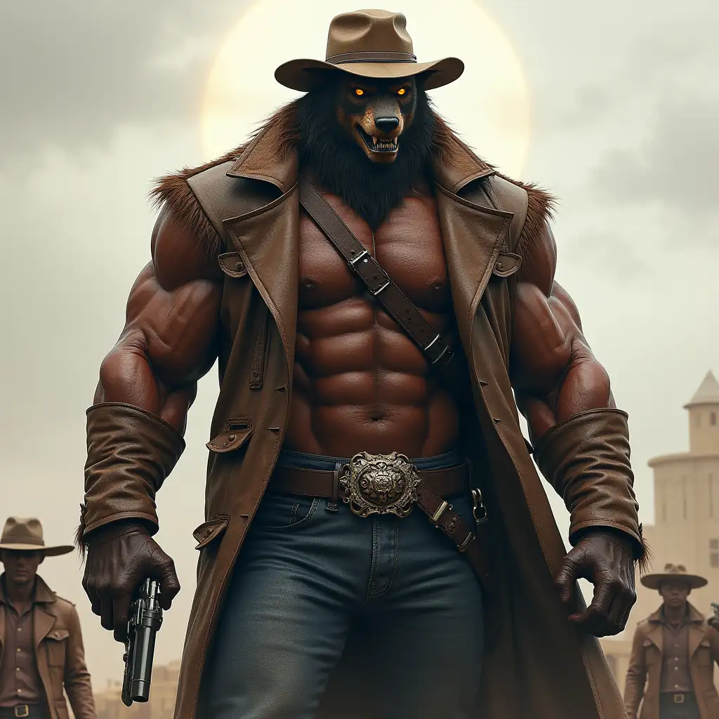 Cowboy titan with werewolf head 10 meters tall with muscles,leather coat,cowboy hat,jeans,revolver,leather belt with metal buckle many people