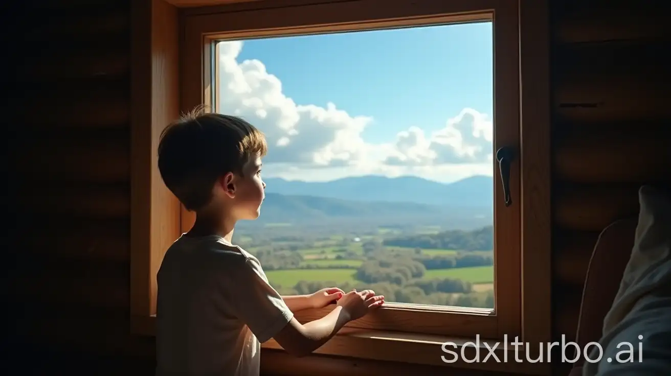 Young-Boy-Gazing-Out-of-a-Small-Wooden-Window-at-Expansive-Landscape