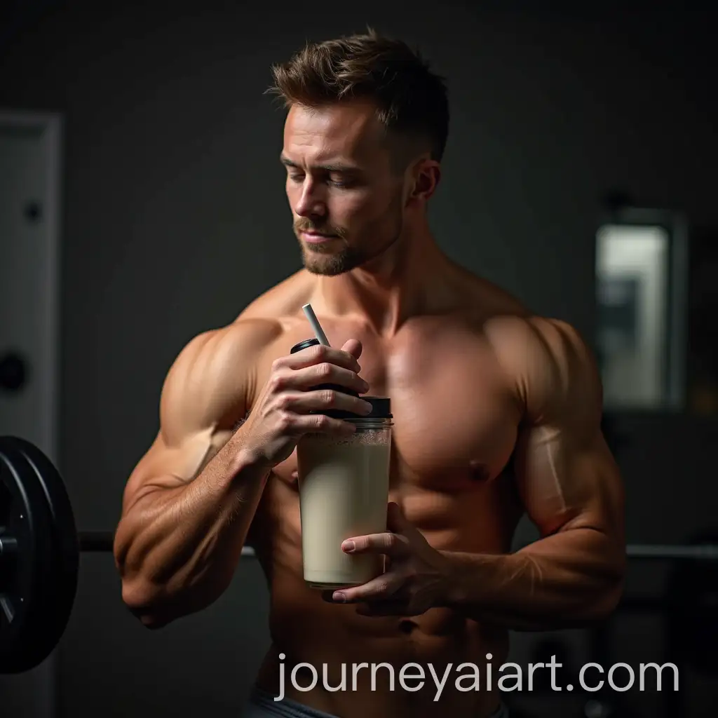 Muscular-Bodybuilder-Drinking-Protein-Shake-in-Gym