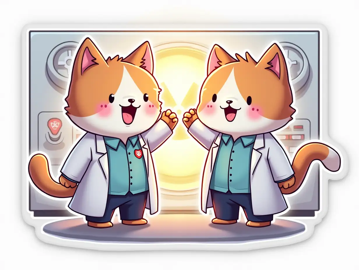 two funny kawaii positive cats in the image of a scientist with office clothes and a white coat with an atom symbol stand in front of a white control panel of a nuclear reactor, behind it in an electric glow.  die cut sticker design top-view, high resolution, vector art, white background, paint in anime style