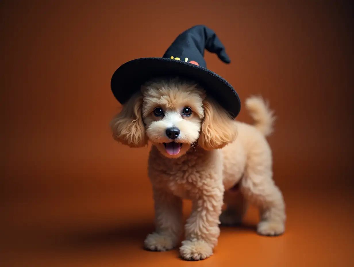 a photograph of cute poodle dog use witch hat for halloween celebration generative ai