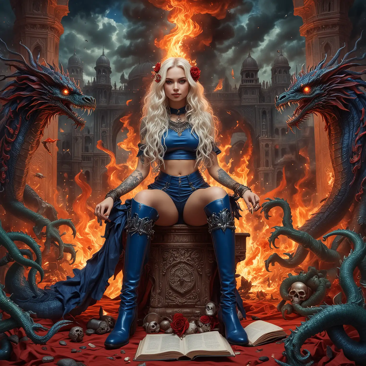 Alien Goddess Empress with Fiery Dragons in a Dark Palace