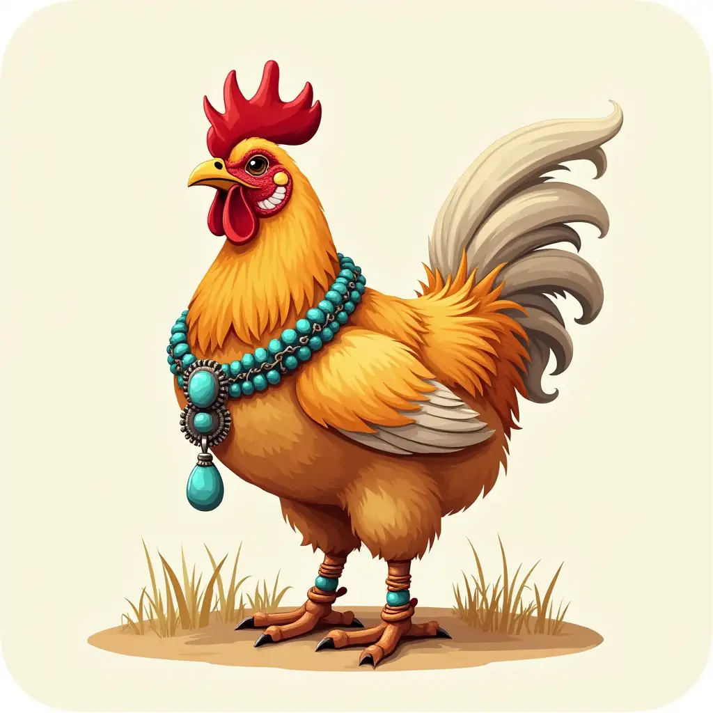 Western chicken , turquoise jewelry, western , summer , punchy , fluffy chicken, western summer aesthetic, clipart