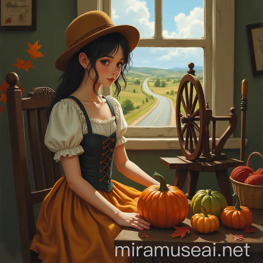 Girl in Corset by Spinning Wheel with Autumn Still Life