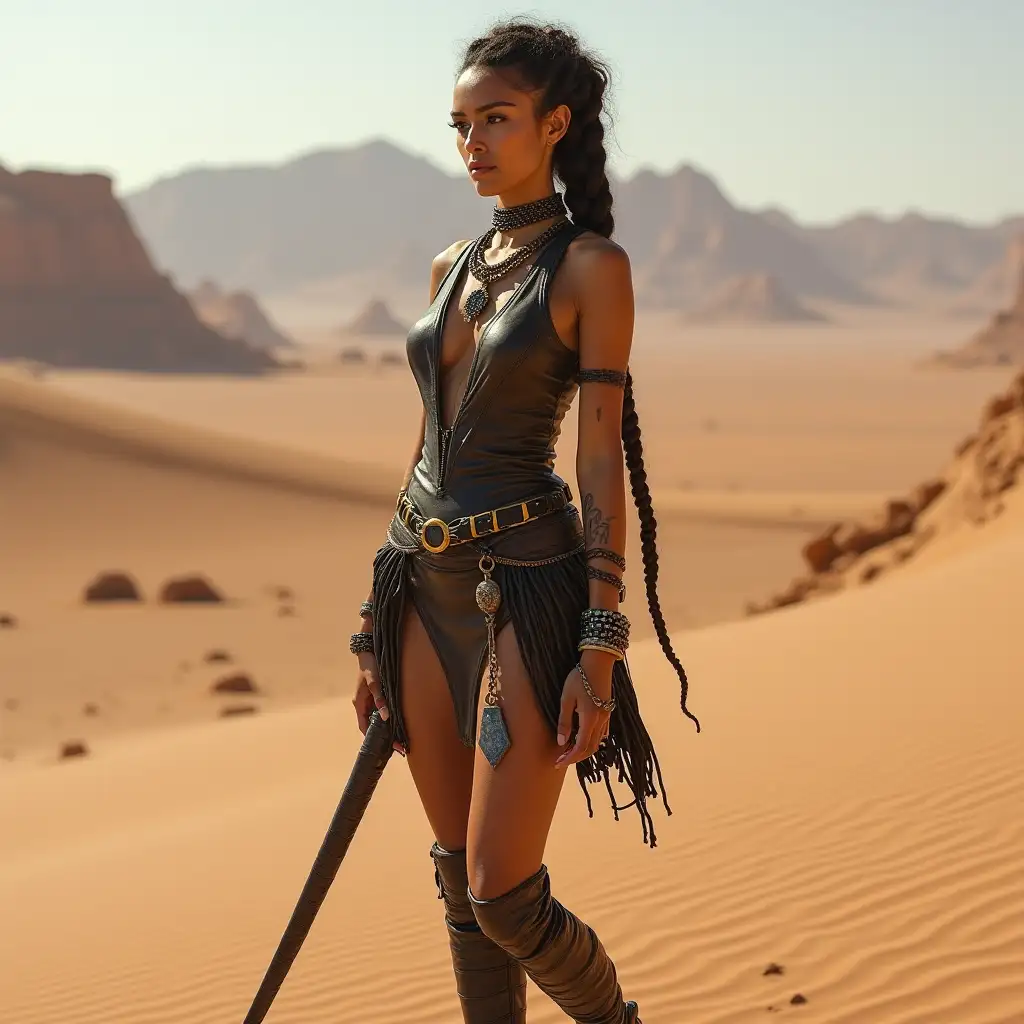 Alien, with braided hair, leather dress, stone necklace stiletto on a desert planet