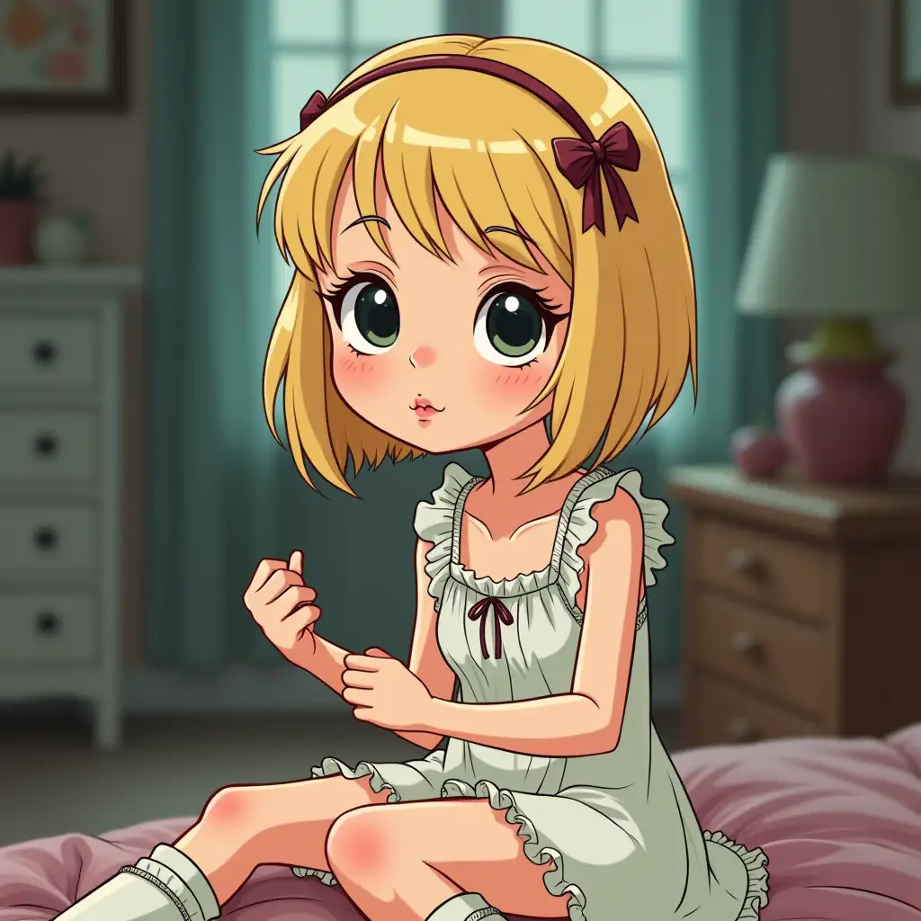 czech upa-stylized animated cartoon depiction of a nasty but adorable slim 12-year-old girl with blond hair and a bob cut. Lightweight over-the-top girly delicate short thin nightie-like clothes with moderate ruffles, fashionable knee socks, the style of clothing gives off gothic and a bit 70s, has girly elements like hair barrettes, bows and ruffles