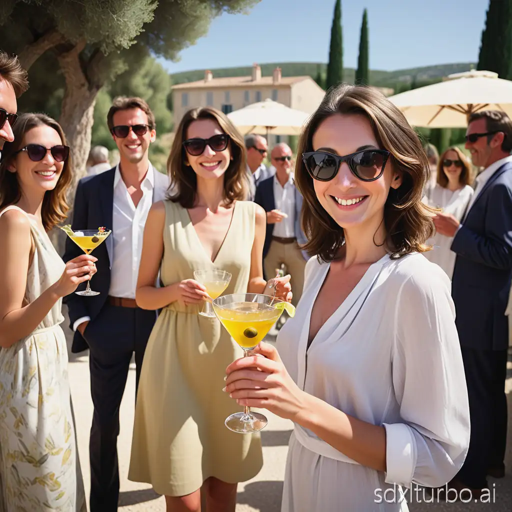 An elegant networking scene outdoors in southern France, under the Provence sun. In the foreground, a brunette woman with mid-length hair, slim and elegant, smiling, holds a chic cocktail in her hand. She looks directly at the camera. In the background, several men and women, well dressed, chat with conviviality. The atmosphere is relaxed, refined and bright. The guests wear chic summer outfits (light dresses, light shirts, sunglasses). The setting evokes a Provençal garden or a terrace with olives, umbrellas, and golden light of late afternoon. Joyful, sunny atmosphere, typical of a high-end networking event in southern France.