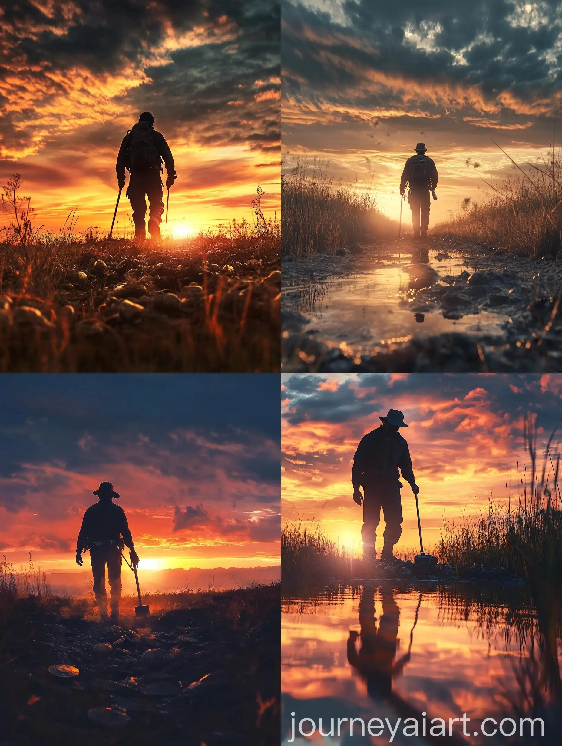 Metal-Detectorist-Walking-Over-Buried-Treasure-at-Sunrise