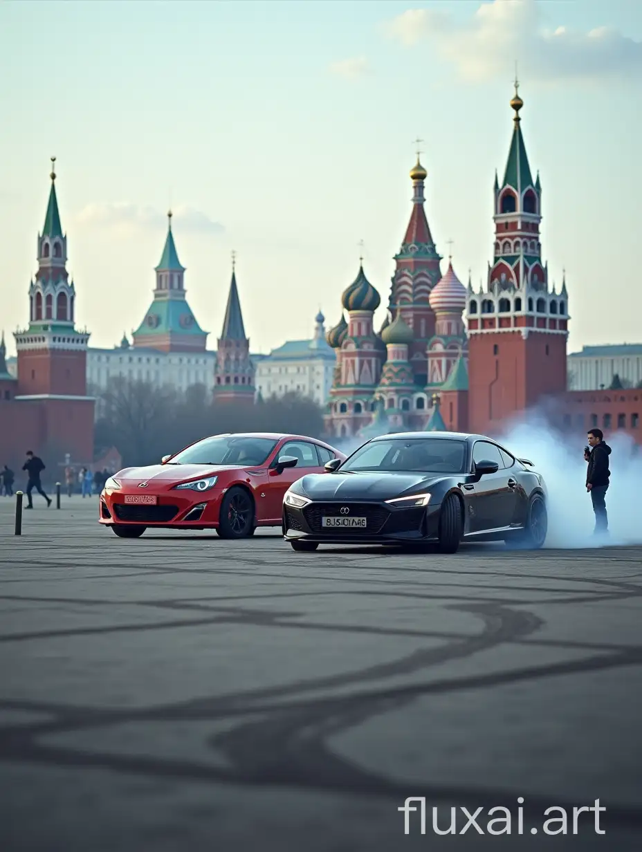 Text on full screen Countries Role Play, with 2 cars drifting, and a person standing near it, against the background of the Kremlin