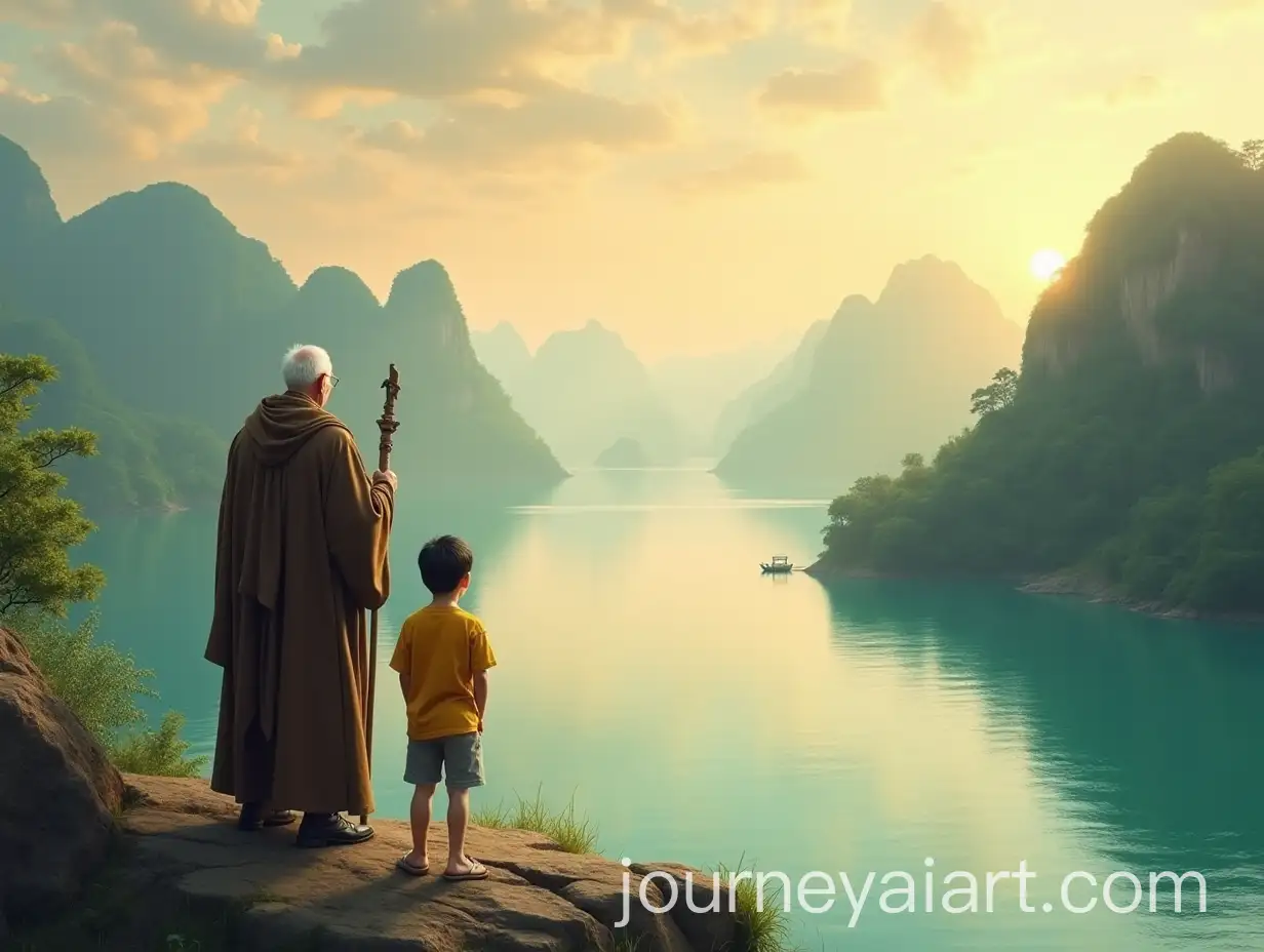 Elderly-Sage-and-Young-Boy-Observing-Limestone-Bay-at-Golden-Hour