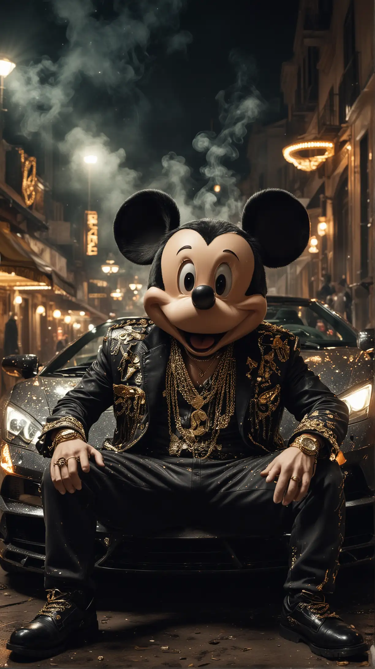 Gangster Mickey Mouse in Louis Vuitton Lamborghini Scene