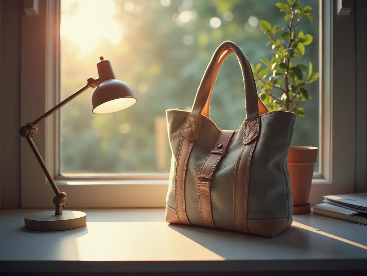 A bag in the from Norah Wes to the south east direction on the grey desk and a sun on it