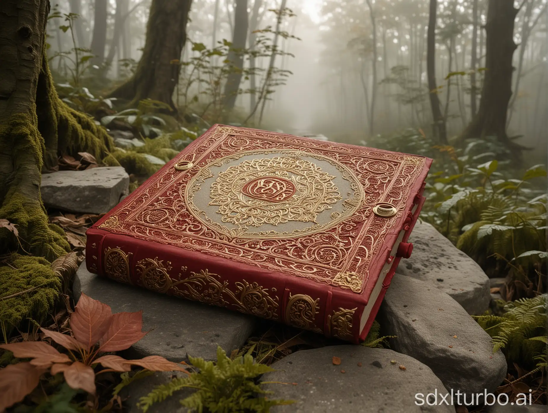 a mystical red book sitting on a misty forest stone, with golden woven filigree elements, saying 'The Book of Zarah offwhite's