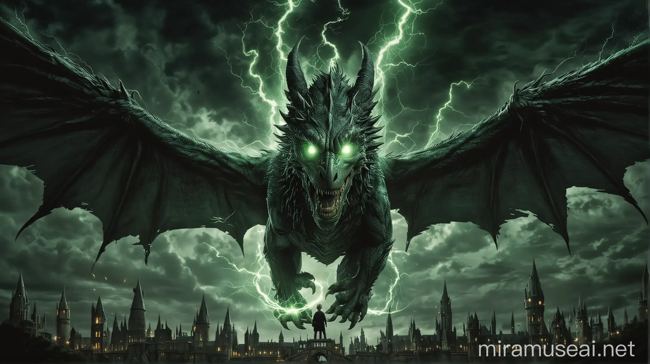 Harry Potter and the Cursed Child Movie Poster with Dragon and Green Lightning