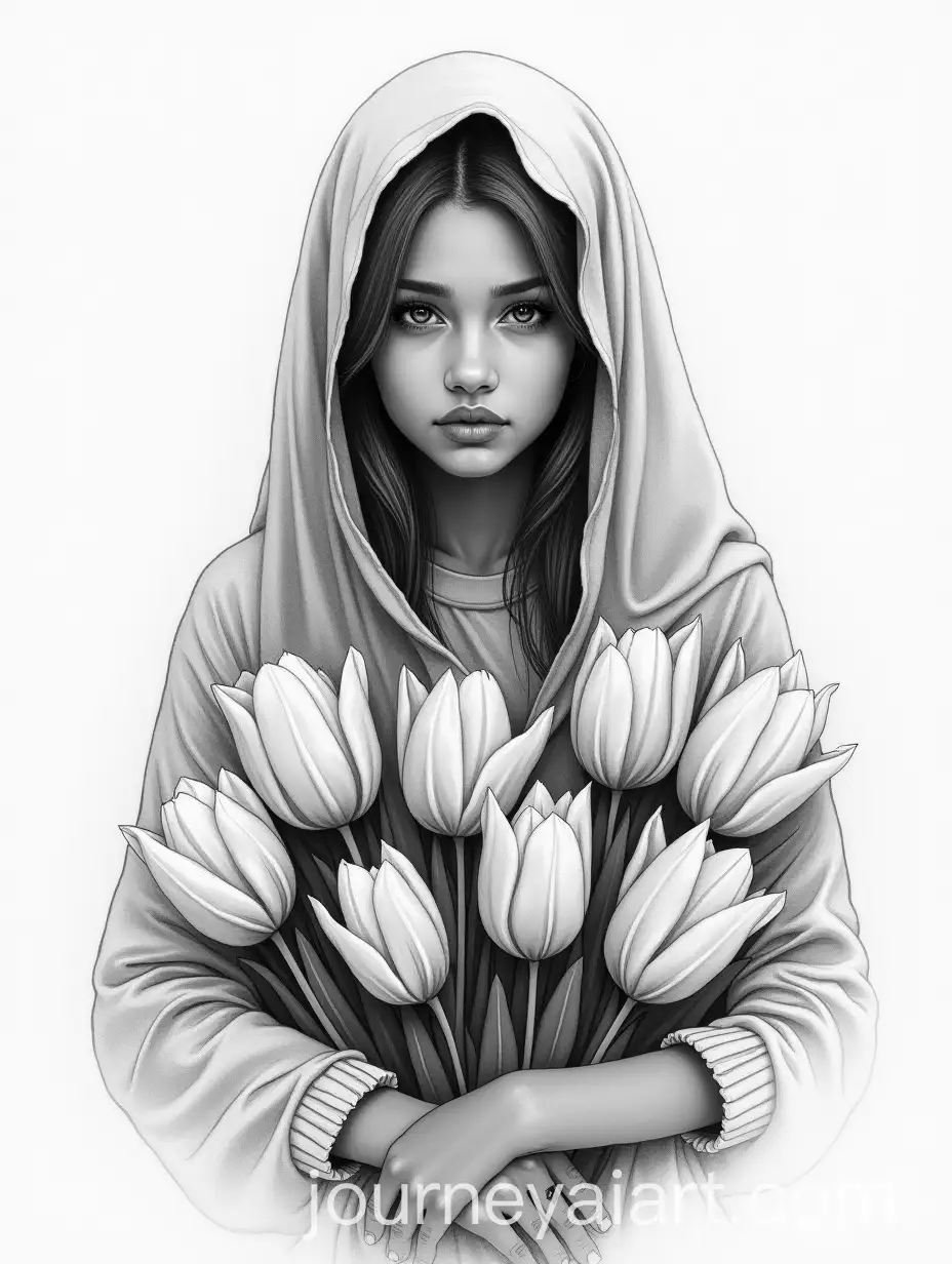 Portrait-of-African-Girl-Embracing-Tulips-in-Charcoal-Sketch