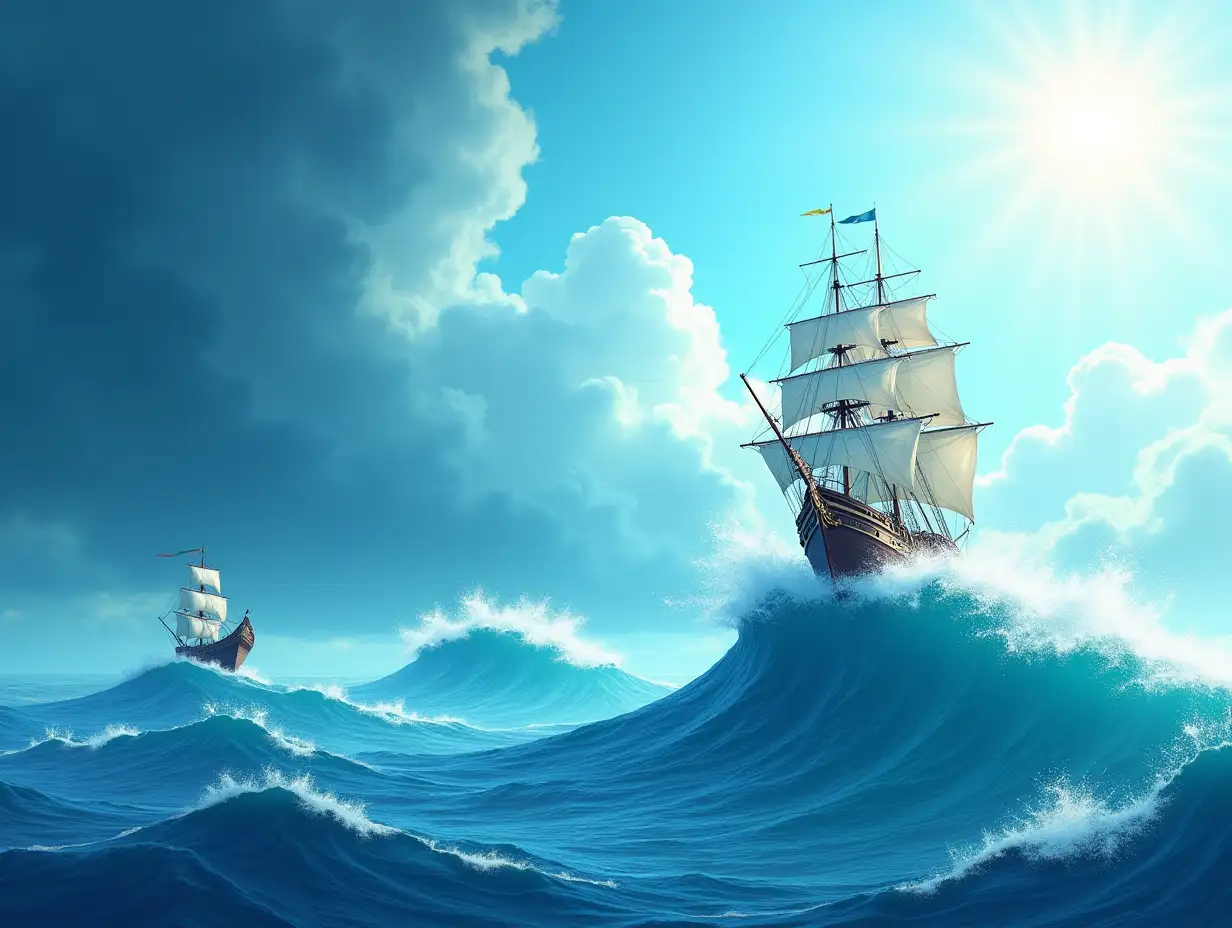 Vector graphics scene : ocean three wave stages, on the first a small ship, on the second stage a medium wrecked ship, on top of the last third a large wave a large ship with white sails ss. Dark stormy sky on the left. On the right is a bright sunny bright sky.