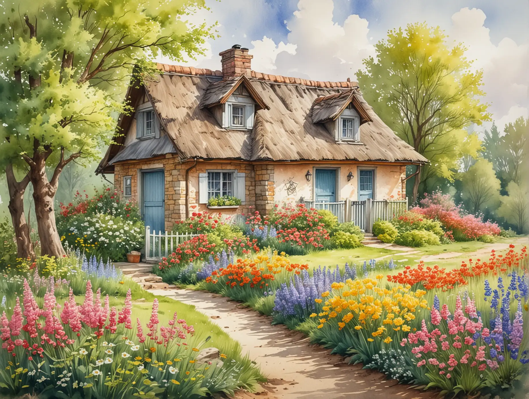 a cottage with spring colors around, watercolor drawing, detailed sketch