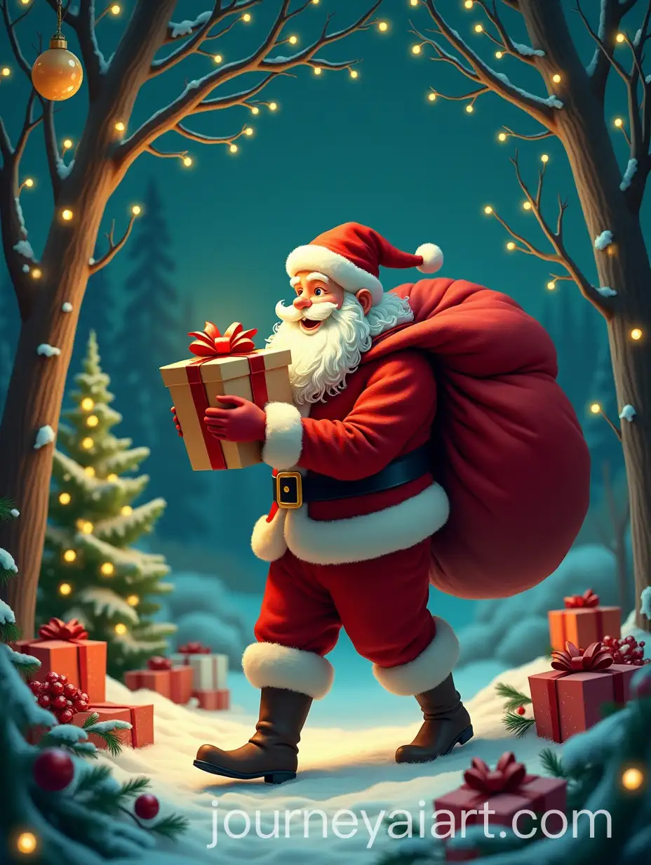 Santa-Claus-Carrying-Gift-and-Sack-in-Festive-Christmas-Garden