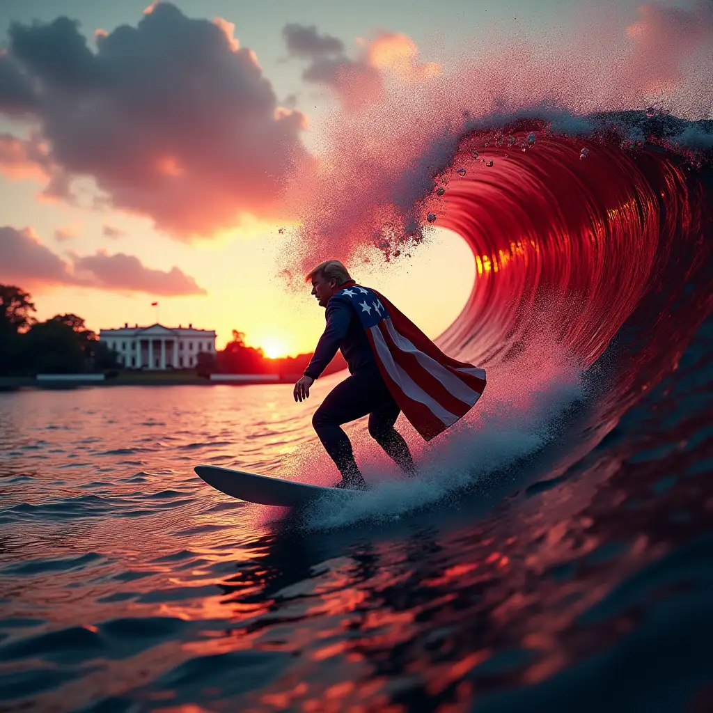 make a photo-realistic cinematic image of Superhero Donald Trump with a usa flag cape dramatically surfing and riding a giant wave of red wine to the White House giant dollar sign in the background red white and blue star-spangled sea at sunrise (red white and blue water) red water, red wine waves, red wine ocean, sea of red wine, surfing to the White House, trump surfing a giant wave, white house in the background, Washington DC in the background, giant red wine wave curling into a tube, red water capital hill and Whitehouse tsunami wave