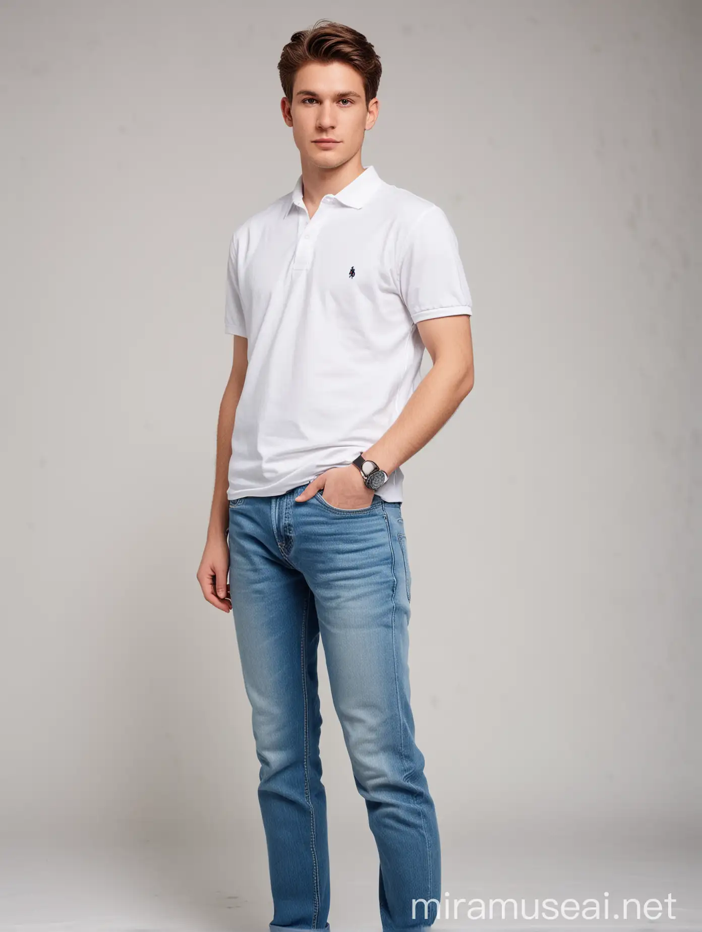 Person in Denim Jeans and White Polo Shirt in Studio Setting