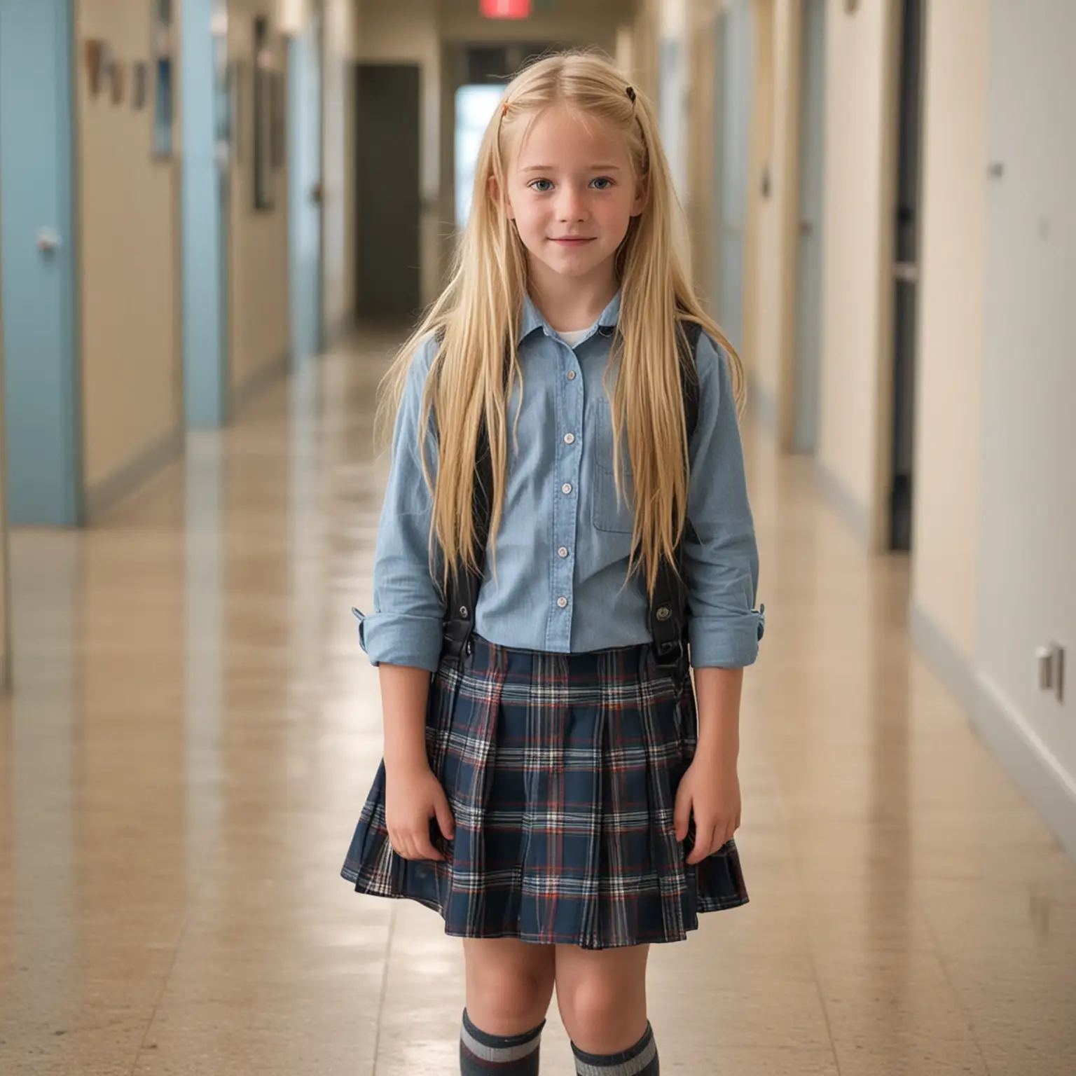 8YearOld-Girl-with-Long-Blonde-Hair-and-Freckles-in-School-Uniform-School-Hallway-Scene