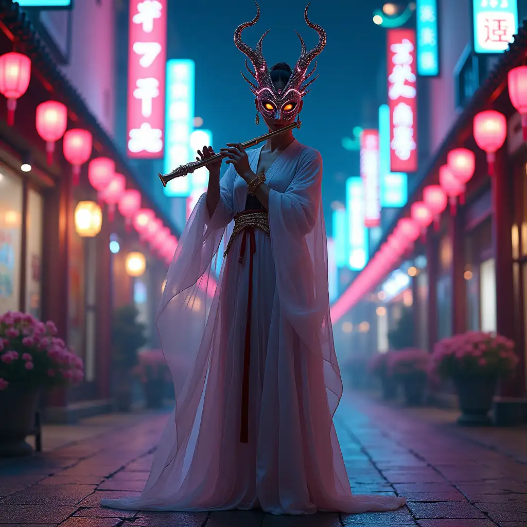 A mysterious nymph standing firmly on the ground, playing a flute. She wears an intricately designed fantastical mask, adorned with otherworldly patterns, giving her a mystical, enigmatic presence. Her attire consists of ancient, traditional garments, flowing gracefully and contrasting with the modern, neon-lit surroundings. The nymph’s posture is calm and regal, with both feet planted firmly on the ground, exuding an ethereal yet grounded aura. The scene takes place at night in a Tokyo-style plaza, bathed in vibrant neon lights and surrounded by traditional Japanese elements like lanterns and scattered cherry blossoms. A soft, slightly pink light falls on the nymph, illuminating her with a delicate glow that highlights her mysterious aura. The neon signs flicker in the background, creating a contrast between the futuristic cityscape and the ancient, timeless beauty of the nymph. The scene is peaceful yet alive with energy, capturing the perfect blend of tradition and modernity, where this enchanting figure stands as a mystical being in the heart of a neon-lit Tokyo