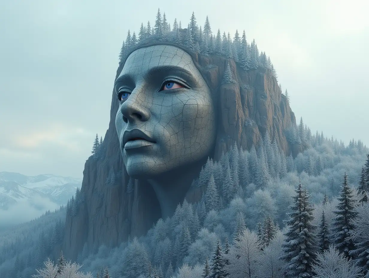 Face transformed into a building on a high mountain
