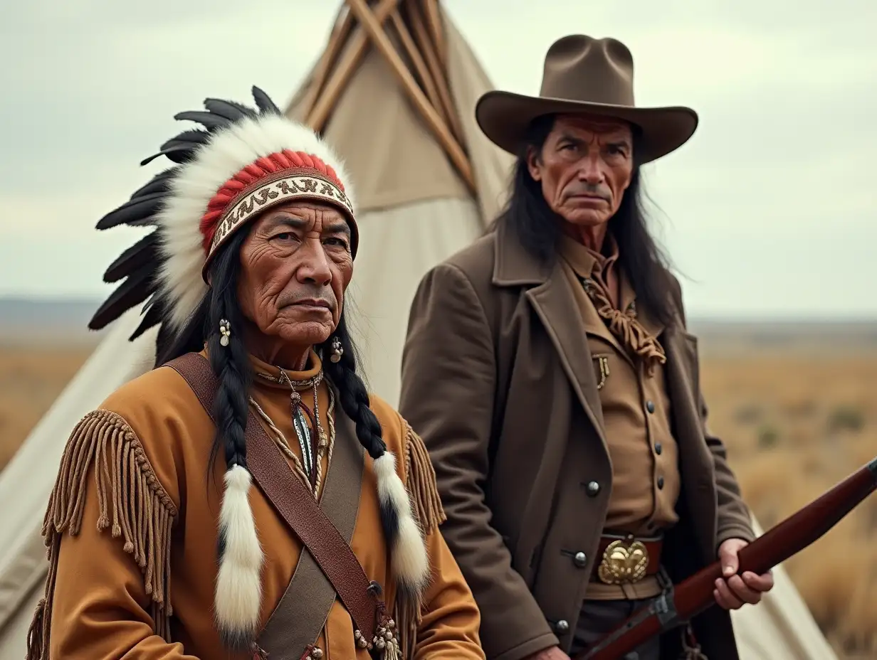 Create a realistic historical photograph featuring Sitting Bull (the famous Lakota Sioux leader) and Buffalo Bill Cody. Sitting Bull should be depicted as a Native American chief, wearing traditional Lakota clothing, including a feathered headdress, with a dignified expression. Buffalo Bill should be in his Wild West show attire, wearing a cowboy hat, long coat, and holding his rifle. The scene should reflect the 19th-century American West, with an outdoor background, perhaps near a teepee or open plains